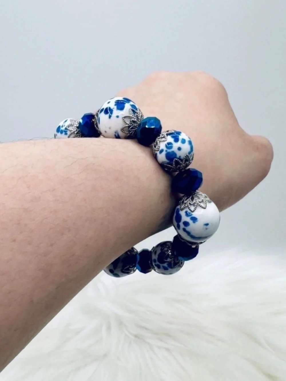 Blue & White Statement Beaded Bracelet large beads